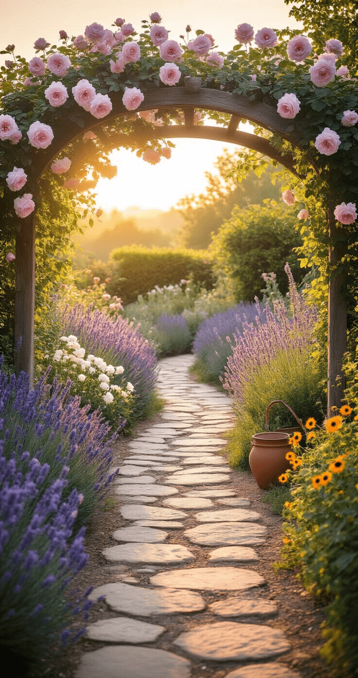 Creating Your Dream French Cottage Garden: A Romantic European Escape A serene French cottage garden at golden hour featuring a winding stone pathway leading to a weathered wooden arbor adorned with pale pink climbing roses, bordered by swaying lavender, mixed plantings of white peonies, purple delphiniums, and wild cosmos, complemented by vintage zinc watering cans and terracotta pots with trailing nasturtiums, all illuminated by soft evening sunlight creating dappled shadows.