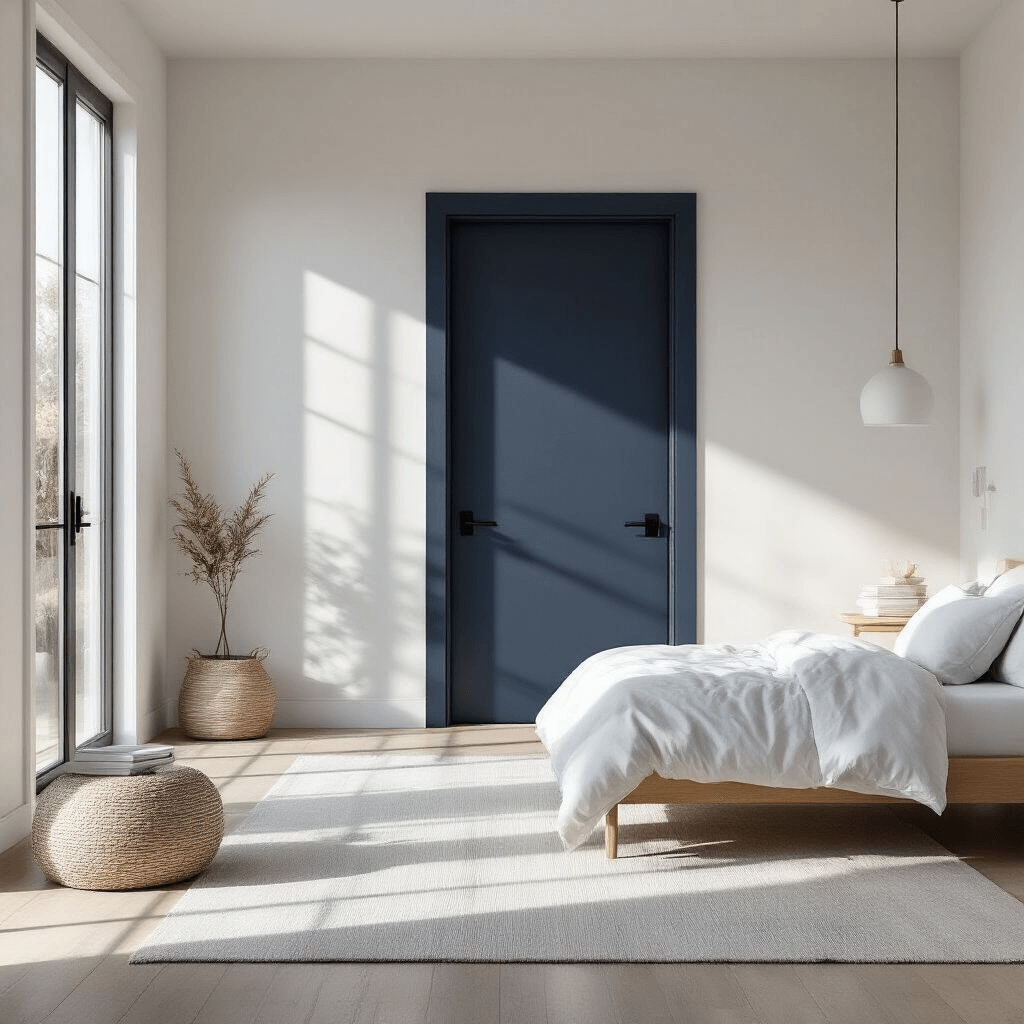 A modern minimalist bedroom featuring a Hale Navy painted door, Scandinavian furniture in light oak, and white linens, with morning light streaming through floor-to-ceiling windows, creating a serene and sophisticated atmosphere.