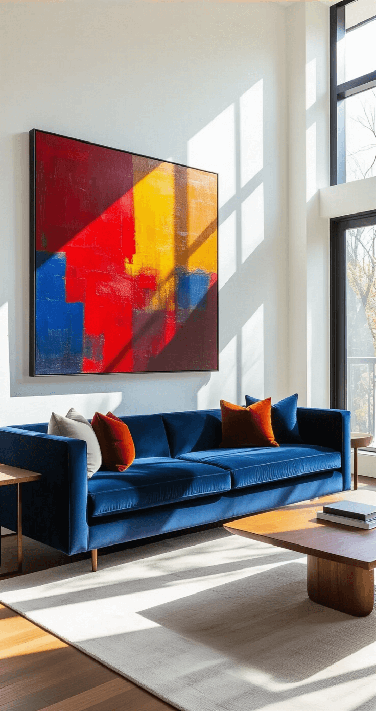A spacious, sunlit living room featuring a plush navy blue velvet sofa against a white wall, an oversized vibrant abstract painting in bold colors above it, mid-century modern coffee table, and large windows casting long shadows.