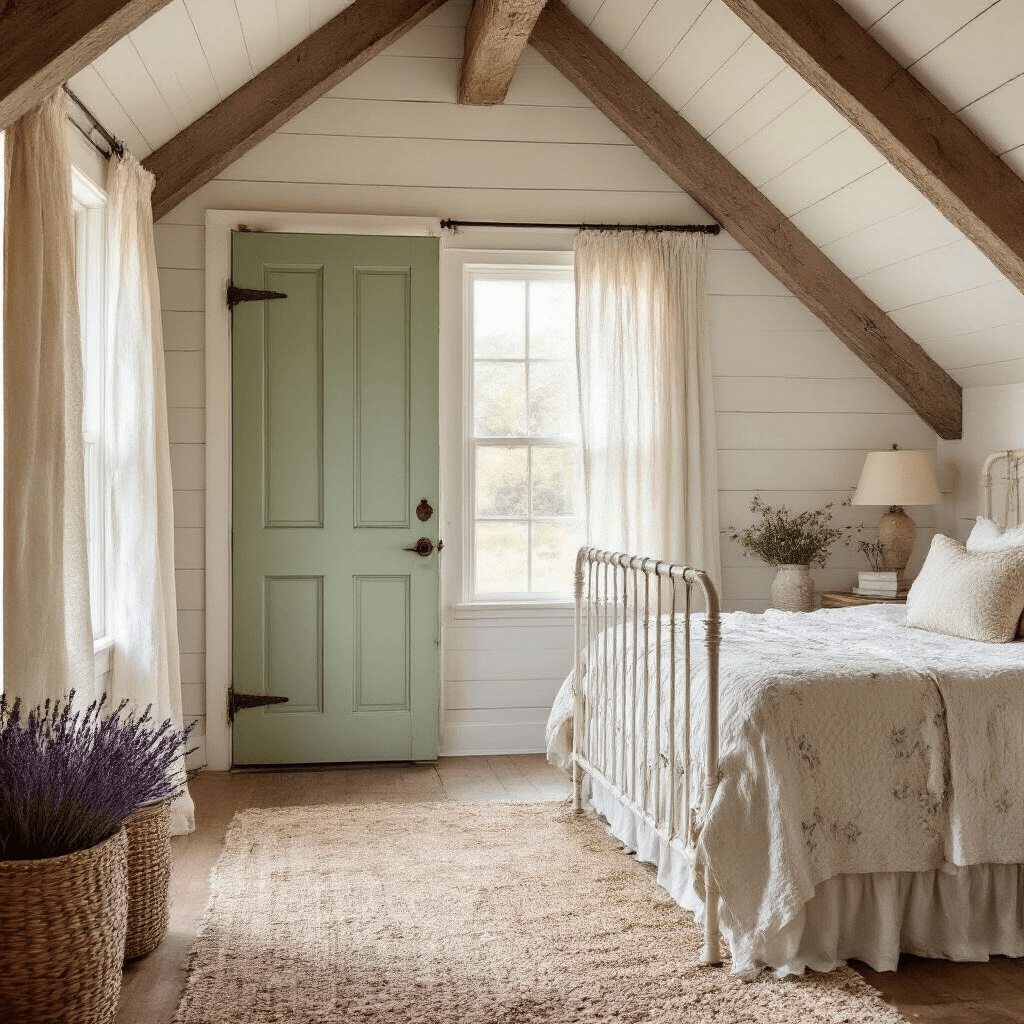 Cozy farmhouse-style bedroom featuring a distressed white iron bed with cream linens, a vintage sage green door with brass hardware, and warm golden hour light filtering through lace curtains, evoking a nostalgic atmosphere.