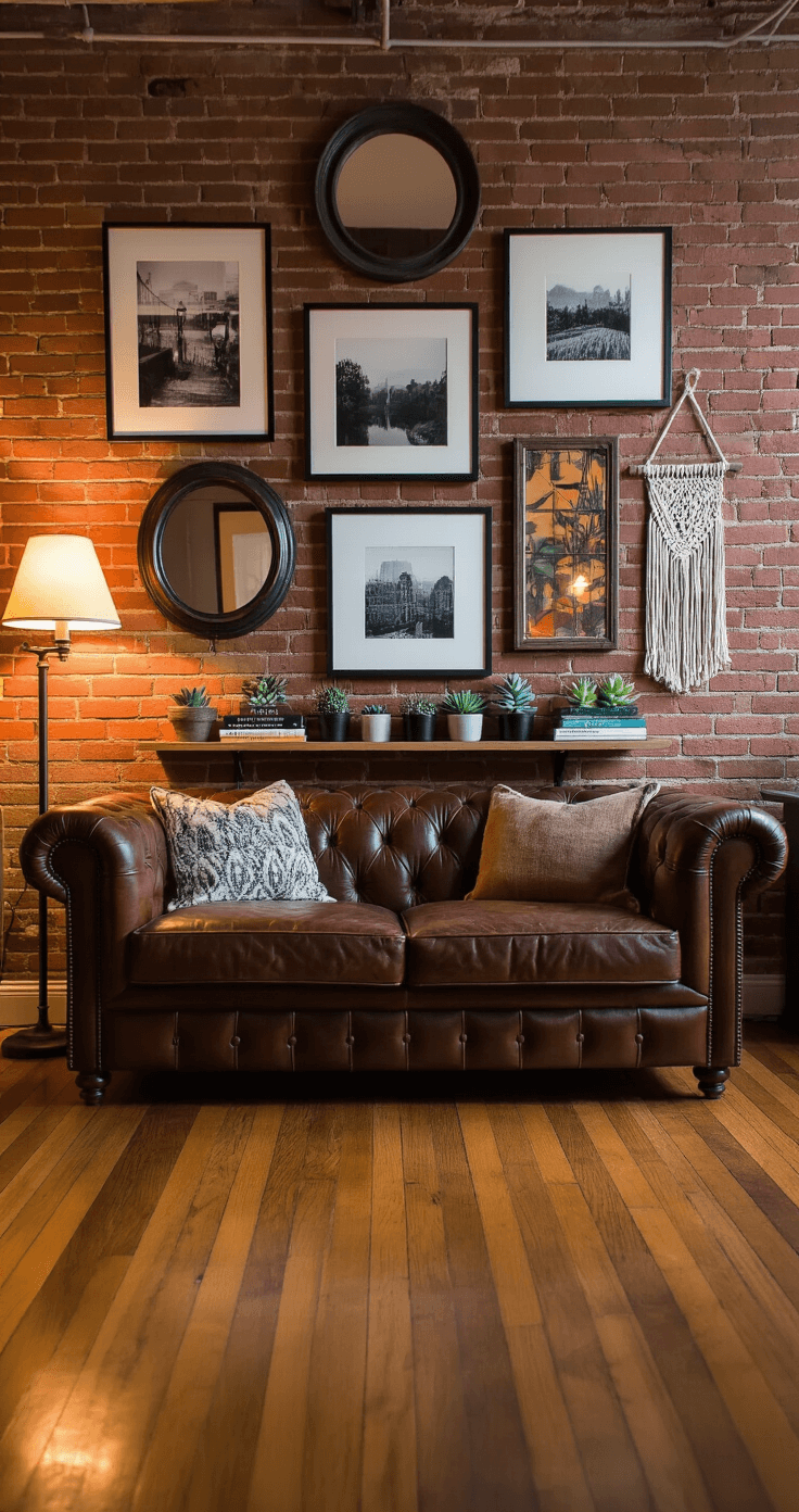 Cozy living area with exposed brick walls, a weathered leather Chesterfield sofa, and a curated gallery wall of black and white photographs, colorful abstracts, and vintage mirrors, illuminated by warm ambient lighting.