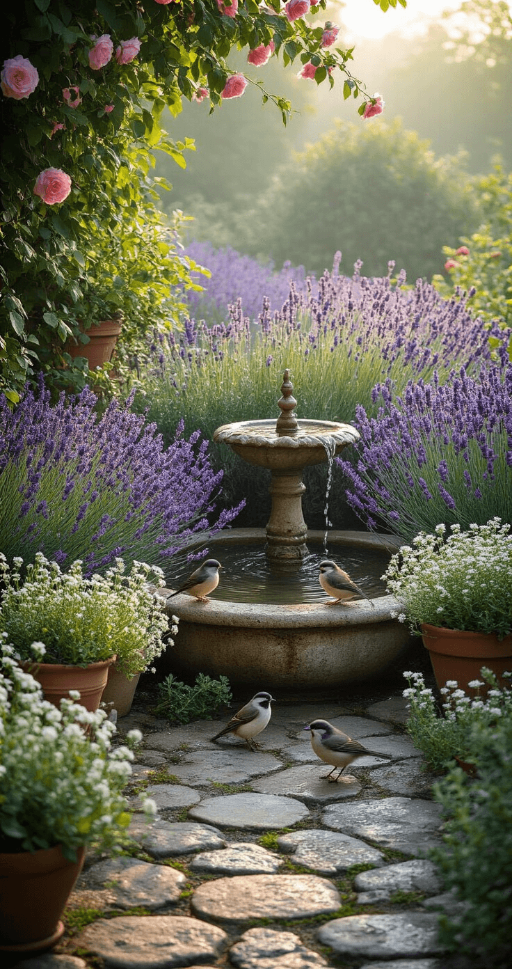 Creating Your Dream French Cottage Garden: A Romantic European Escape Intimate morning garden scene with a rustic limestone wall fountain surrounded by English lavender and creeping thyme, featuring bathing birds and soft pink 'Cecile Brunner' roses, vintage terracotta pots with herbs and white alyssum, set on dew-kissed cobblestones in a moody, misty atmosphere.