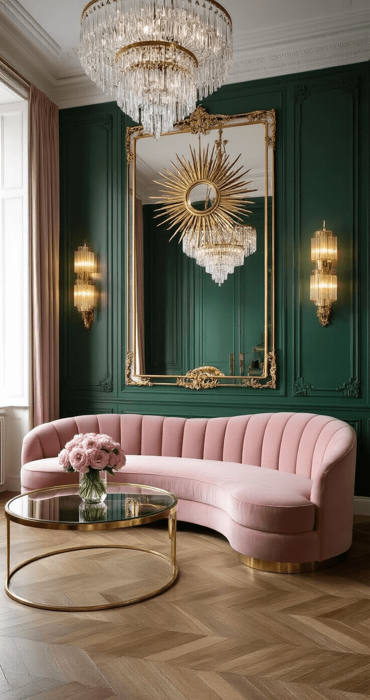 A luxurious art deco-inspired living room featuring high ceilings, herringbone parquet flooring, and a blush pink velvet sofa against a deep emerald green wall, with a large ornate gold sunburst mirror reflecting the space, flanked by brass wall sconces and illuminated by crystal chandeliers. A glass and gold coffee table holds a vase of fresh peonies.