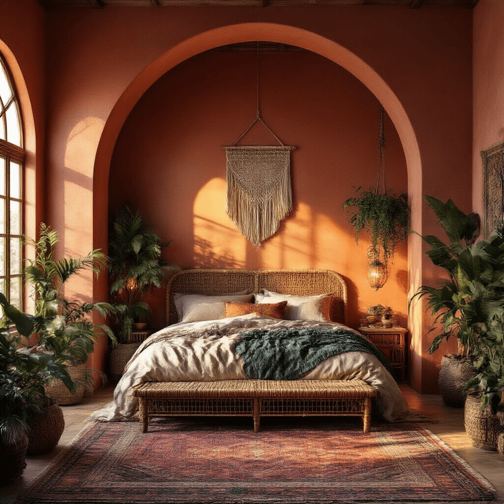 Bohemian bedroom retreat featuring an arched terracotta doorway, warm sunset lighting, layered Persian rugs, a low-profile rattan bed, macramé wall hangings, and abundant plants. Mixed metallic accents in brass and copper complement jewel-toned textiles, with a low wide-angle perspective emphasizing the doorway's height and dramatic backlighting. The overall mood is exotic and eclectic.