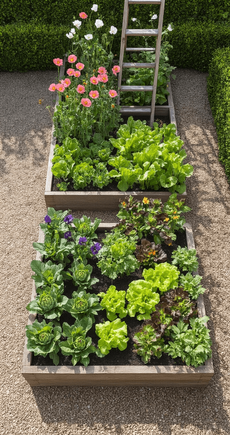 Creating Your Dream French Cottage Garden: A Romantic European Escape Aerial view of a mid-afternoon kitchen garden featuring geometric raised beds made of aged oak, filled with a mix of purple artichokes, coral pink cosmos, neat rows of lettuce, and bright calendulas, with climbing sweet peas supported by a rustic ladder. Gravel paths lined with boxwood create separation, while sharp shadows enhance the graphic patterns of the scene.