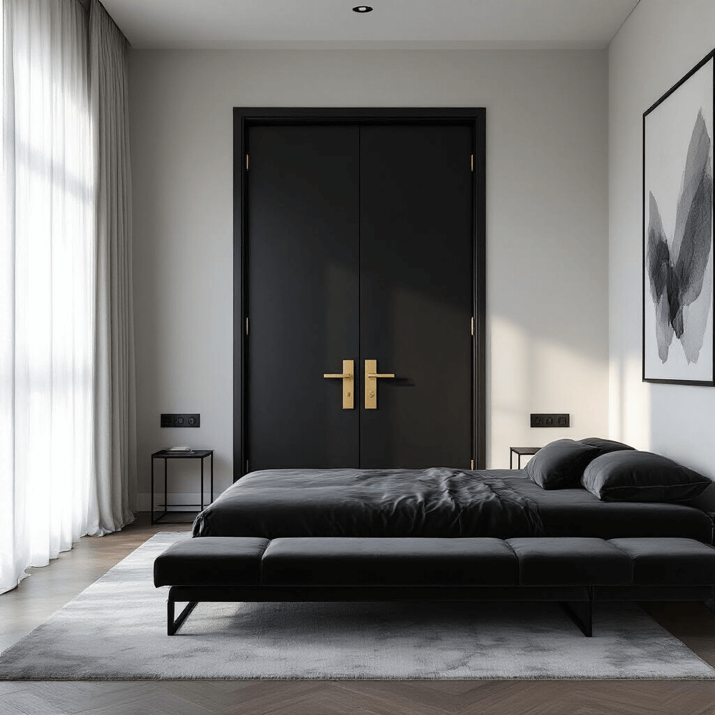 Contemporary primary bedroom with black double doors and geometric brass hardware, featuring a charcoal velvet platform bed, minimalist black metal side tables, and large-scale abstract art, captured in midday light with sheer white drapes.
