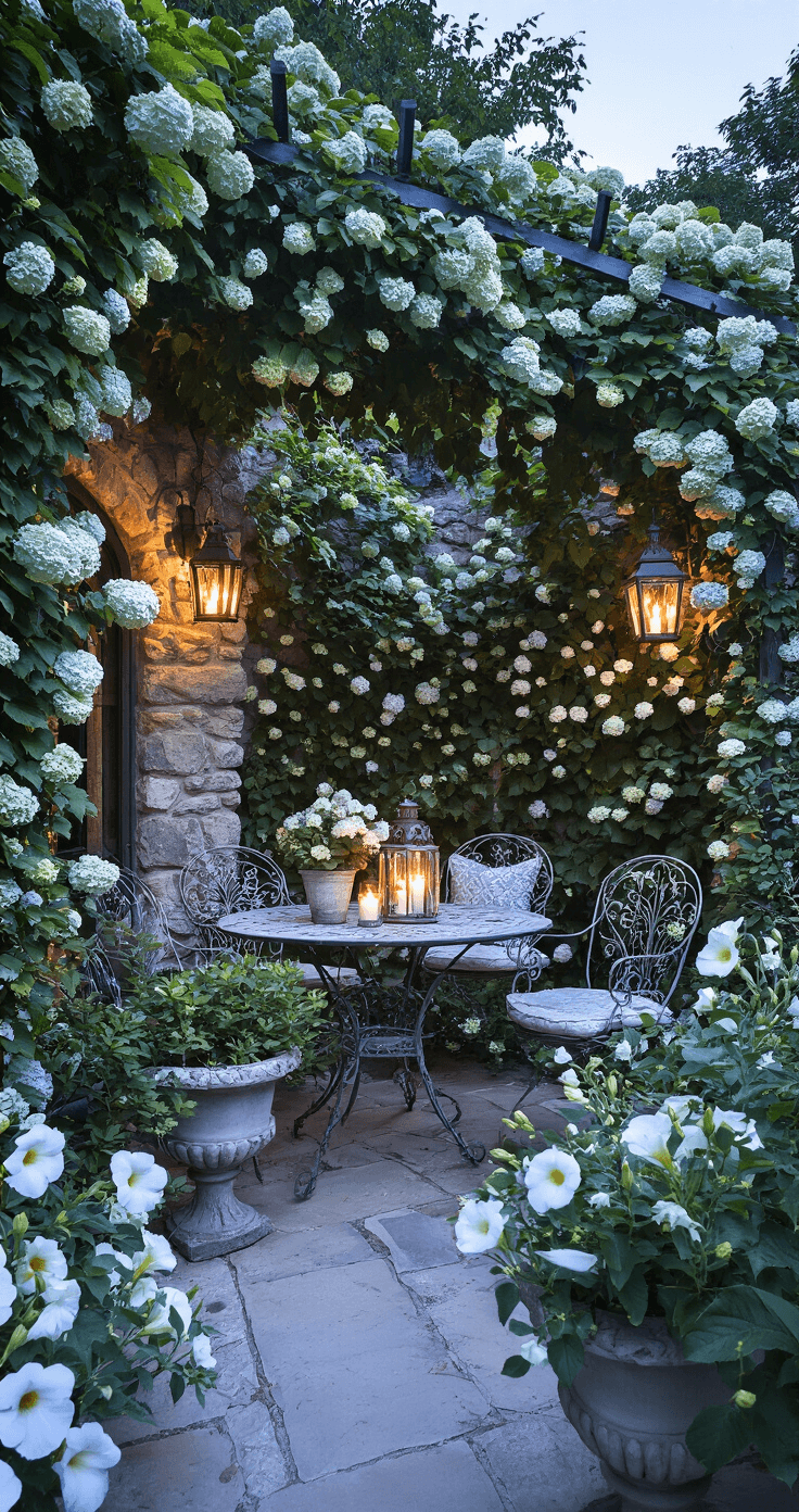 Creating Your Dream French Cottage Garden: A Romantic European Escape Twilight garden room with climbing hydrangea-covered stone walls, a vintage French metal table and chairs, flickering hurricane lanterns, potted roses in limestone urns, and fragrant white tobacco and moonflowers, creating a mysterious, romantic ambiance.