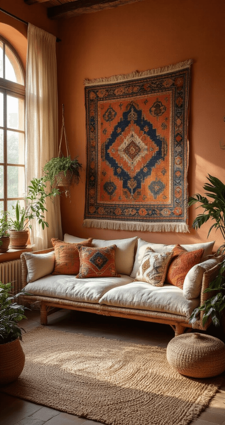 A warm bohemian-chic living space with terracotta walls, layered jute rugs, a natural linen sofa decorated with embroidered pillows, and a large tapestry in deep jewel tones, illuminated by soft golden hour sunlight filtering through sheer curtains, complemented by potted plants in woven baskets.