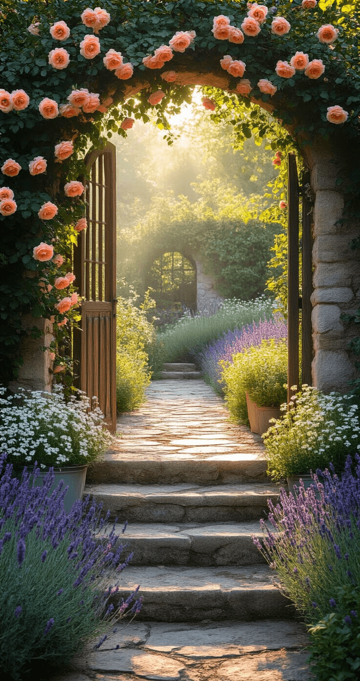 Creating Your Dream French Cottage Garden: A Romantic European Escape A sunlit arched garden entrance with an ancient wooden gate adorned in apricot pink 'Albertine' roses, surrounded by formal lavender hedges and casual drifts of purple sage, white valerian, and butter-yellow coreopsis, vintage zinc planters overflowing with trailing rosemary and white bacopa, and worn stone steps leading upward, creating an enchanted atmosphere.