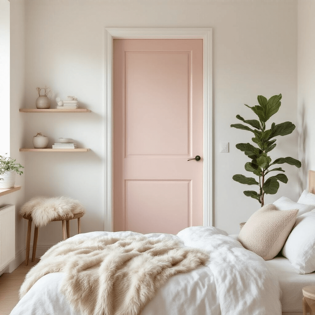 A serene Scandinavian-inspired bedroom featuring a blush pink door against white walls, with pale wood shelves, white linen bedding, and sheepskin throws, softly lit in the morning light. A potted fiddle leaf fig adds a touch of greenery, while minimal decor in neutral tones and subtle metallic accents create an airy atmosphere.