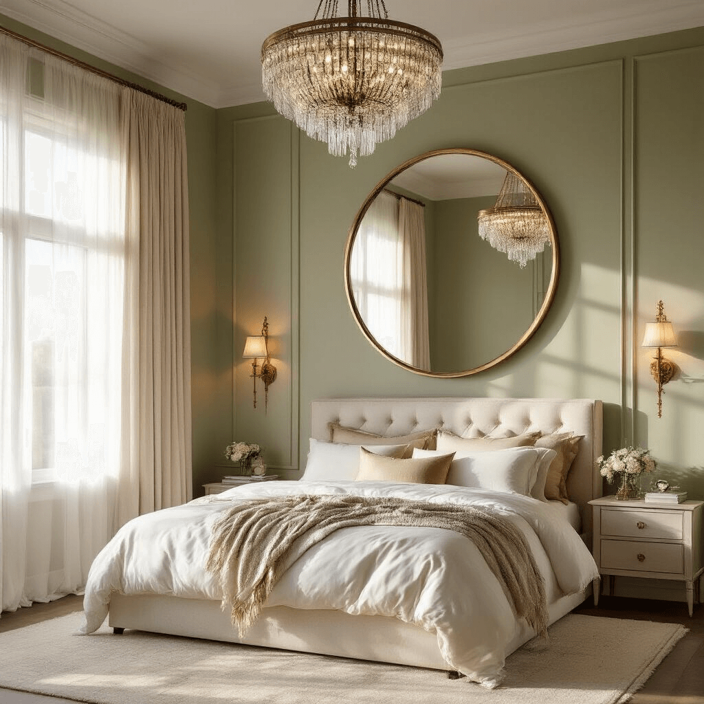 A serene master bedroom featuring a 60-inch round brass-framed mirror above an ivory upholstered king bed, illuminated by warm golden hour light filtering through sheer linen curtains, with sage green walls and a crystal chandelier reflecting in the mirror. The space is elegantly styled with textured white bedding, champagne silk pillows, and vintage brass sconces providing ambient lighting.