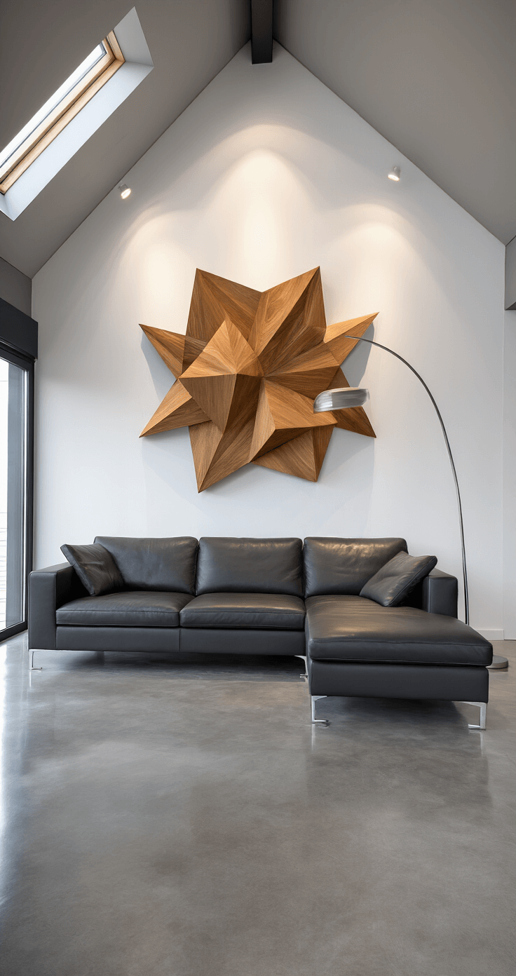 A wide-angle view of an ultra-modern open-concept living area featuring polished concrete floors, a high pitched ceiling, a charcoal gray leather sectional sofa against a stark white wall, and a striking 3D geometric wooden wall art piece that casts shadows. A sleek arc floor lamp provides cool, artificial lighting, enhancing the contemporary architectural mood of the space.