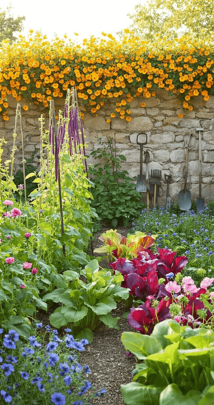 Creating Your Dream French Cottage Garden: A Romantic European Escape A late afternoon potager garden with orderly vegetable beds surrounded by informal flower plantings, featuring purple pole beans on antique obelisks, rainbow swiss chard, pink cosmos, and blue borage, set against an old stone wall adorned with golden nasturtiums, complemented by artfully displayed weathered tools in warm light.