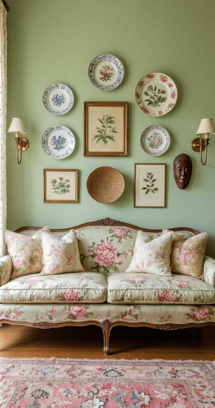 A whimsical living room with soft sage green walls, featuring a vintage floral-print sofa, a dynamic wall arrangement of mismatched decorative plates and botanical prints, and warm light from brass sconces.