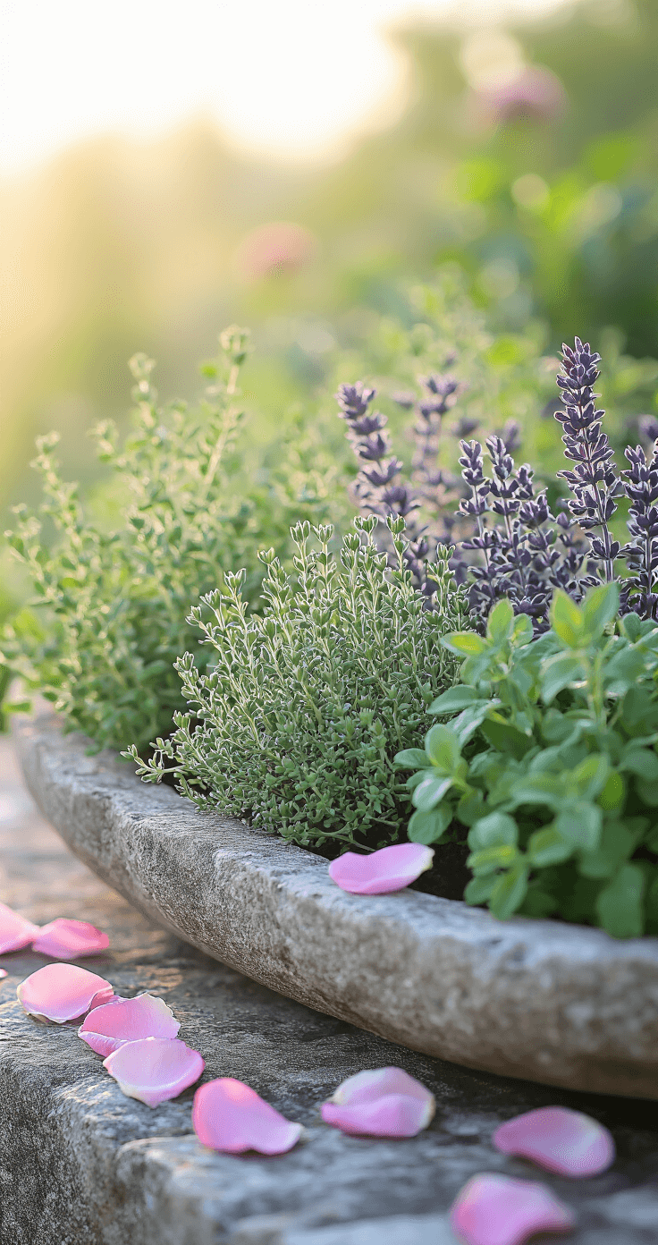 Creating Your Dream French Cottage Garden: A Romantic European Escape Close-up of an ancient stone trough brimming with culinary herbs like silver thyme, purple sage, and bronze fennel, adorned with morning dew and scattered pale pink rose petals, captured in soft dawn light with a shallow depth of field showcasing intricate plant details.