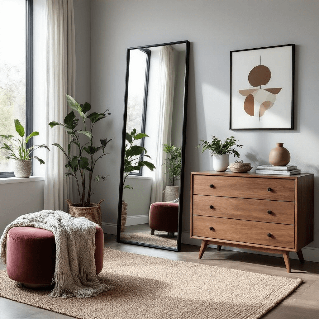 A contemporary bedroom corner with a 7ft black-framed floor mirror leaning against light gray walls, next to a modern walnut dresser, illuminated by natural light from floor-to-ceiling windows, featuring trailing plants, geometric artwork, a chunky knit throw, a velvet ottoman, and a jute rug.