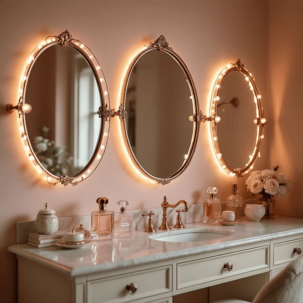 An intimate dressing area featuring an artistic arrangement of three vintage oval mirrors above a marble-topped vanity, bathed in soft LED lighting. The blush walls and cream furnishings complement the rose gold frames, while crystal perfume bottles and delicate ceramics adorn the vanity. The image captures the intricate details from a slightly elevated perspective, exuding a warm and inviting ambiance.