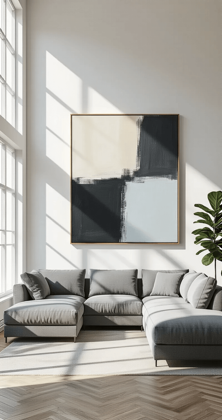 A spacious, monochromatic living room with a gray sectional sofa, large windows letting in late afternoon sunlight, and an oversized abstract canvas above. A potted fiddle leaf fig is in the corner, enhancing the calm, sophisticated atmosphere.