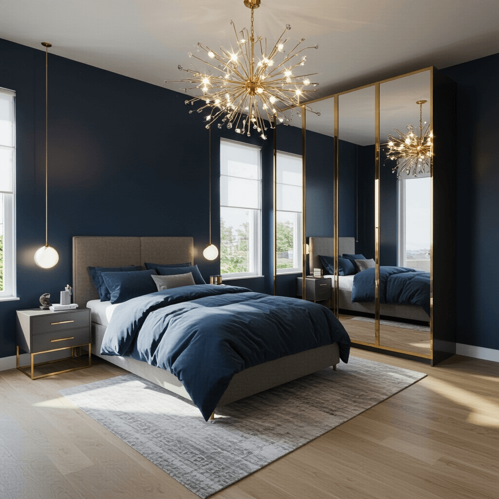 A spacious primary suite featuring floor-to-ceiling mirrored wardrobe doors that reflect a luxurious bedroom, highlighted by a modern chandelier. The navy accent wall contrasts with light oak flooring, while brass hardware and minimalist furniture enhance the contemporary design, captured from a corner angle to emphasize depth and reflections under natural and artificial light.