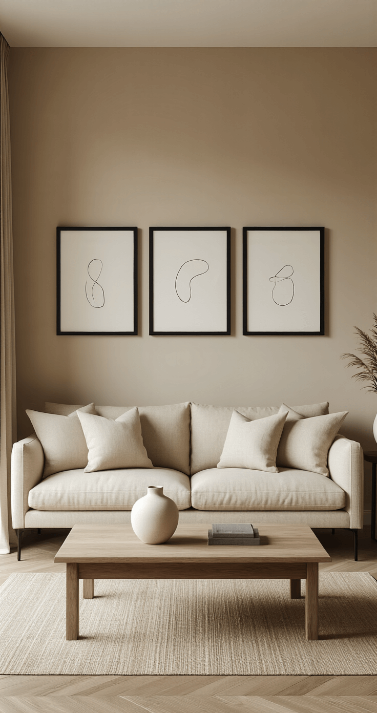 An intimate living area featuring warm beige walls and oak flooring, with morning light filtering through sheer curtains. A compact beige linen sofa is centered on the wall, above which hang three identical black frames containing minimalist line drawings. A low-profile wooden coffee table displays a single white ceramic vase, all in a neutral color scheme with black accents, creating a serene and orderly atmosphere.