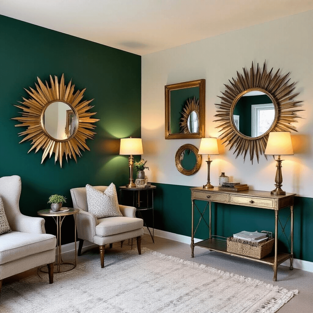 A cozy bedroom alcove featuring a gallery wall of seven eclectic mirrors in varied styles against deep emerald walls, illuminated by soft table lamps, with a vintage accent chair and brass side table completing the scene.