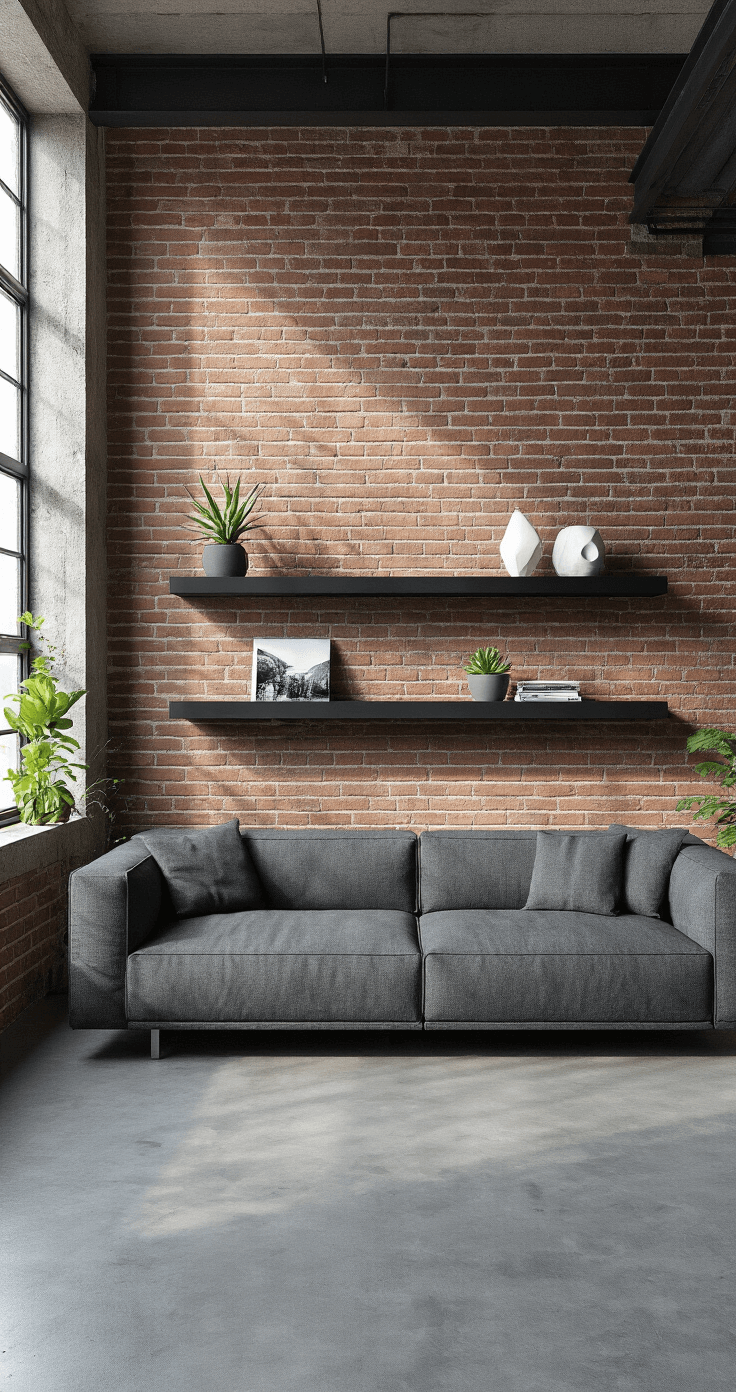 A modern loft living space featuring exposed brick and concrete floors, with afternoon light creating shadows. A charcoal gray modular sofa faces a matte black floating shelf adorned with a succulent, a minimalist photography book, and a white ceramic sculpture. The color scheme includes industrial grays and green plants, with dramatic side lighting emphasizing textures, conveying an urban and sophisticated mood.