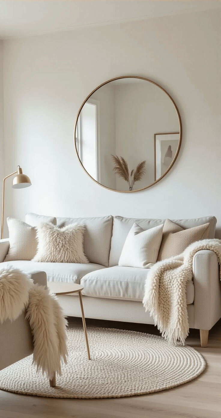 A cozy Scandinavian-inspired living room featuring white walls, light oak floors, a plush oatmeal-colored sofa, and a large round mirror with a brass frame reflecting the space. Soft morning light fills the room, highlighting warm neutral tones and a sheepskin throw on a nearby armchair, creating a hygge and inviting atmosphere.