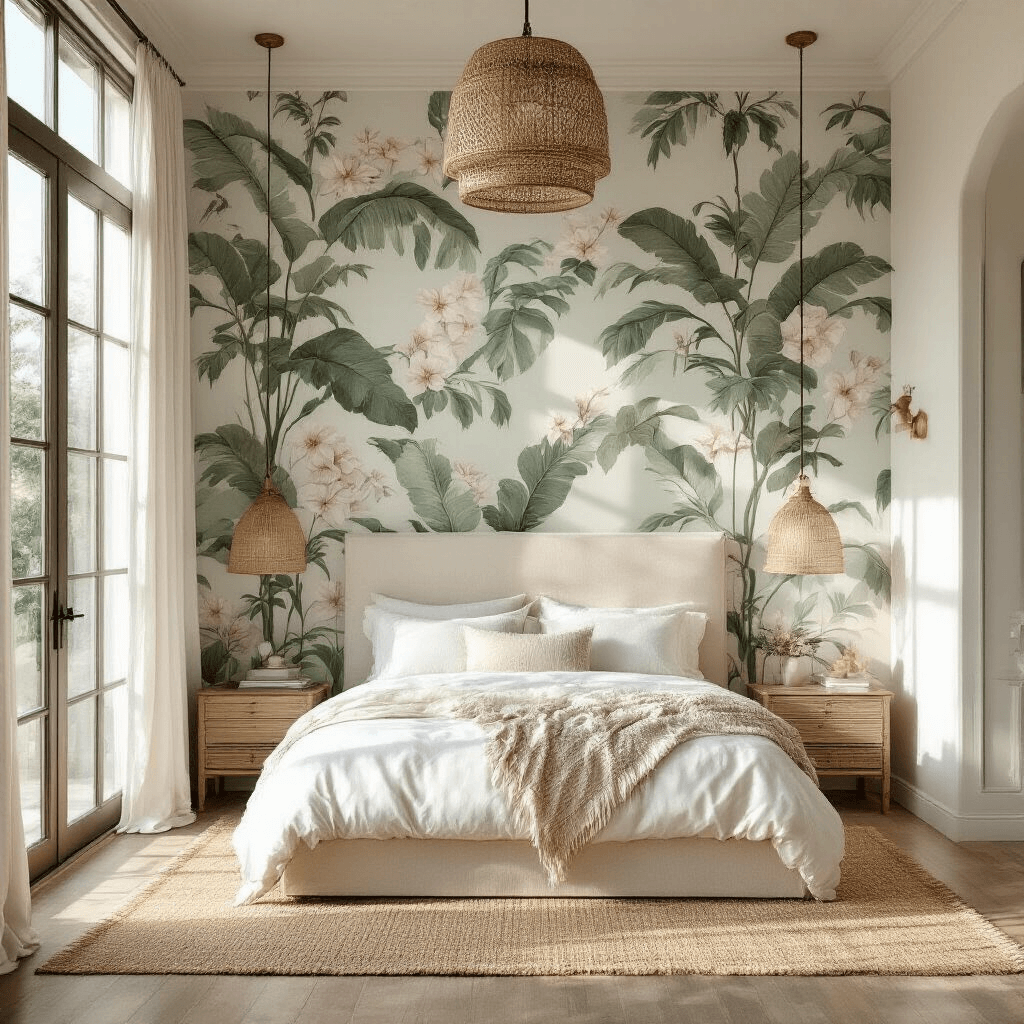 A serene master bedroom bathed in morning light, featuring large-scale botanical wallpaper with soft sage green palm leaves and blush flowers behind a cream upholstered king bed, complemented by a natural jute rug over wooden floors, white linen bedding, brass sconces, and a rattan pendant light, captured from door frame height.