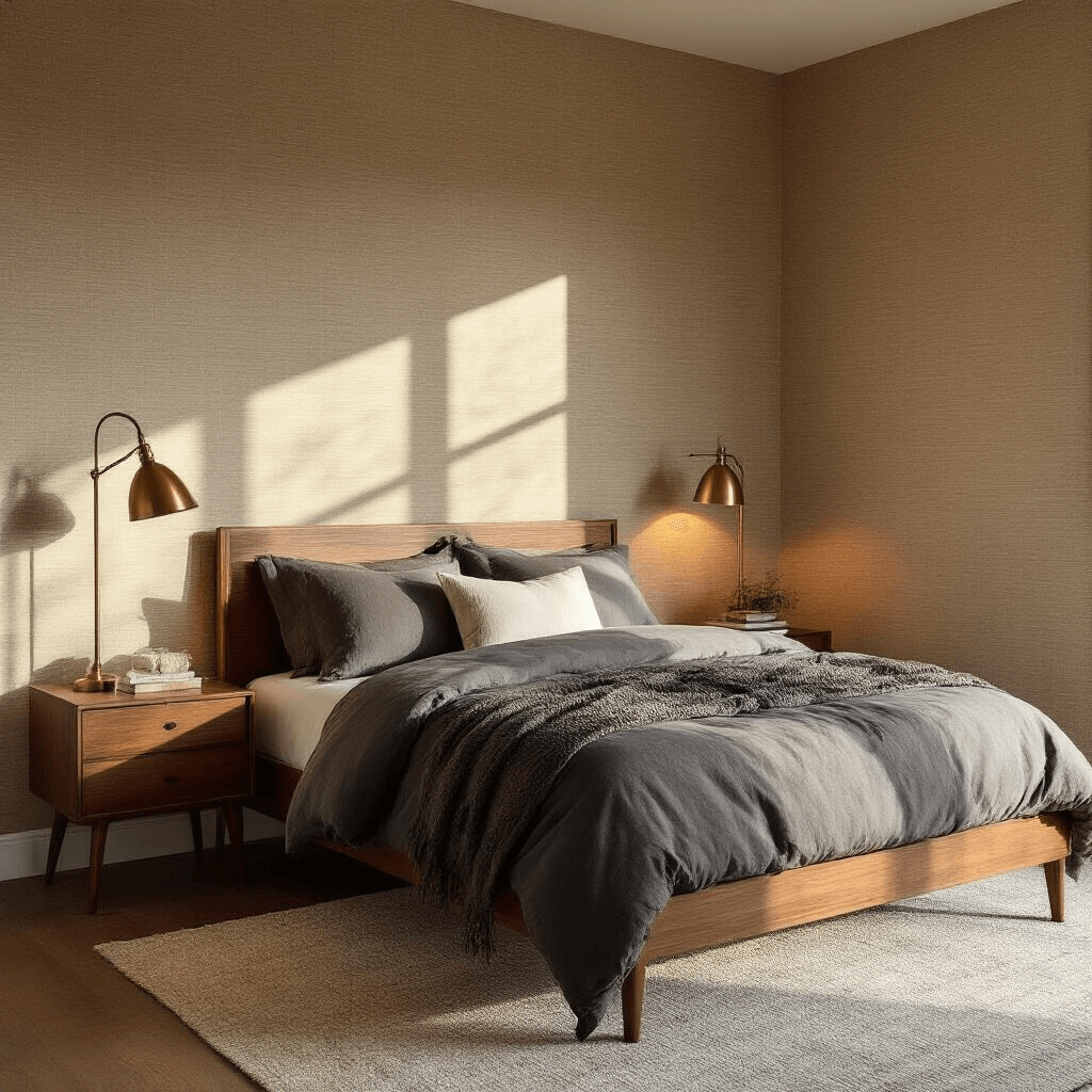 Intimate guest bedroom at golden hour with textured grasscloth wallpaper in warm taupe, mid-century modern queen bed with walnut frame, charcoal linen bedding, ivory bouclé pillows, and vintage brass floor lamp casting warm light; low-angle shot emphasizing wall texture and shadow play.