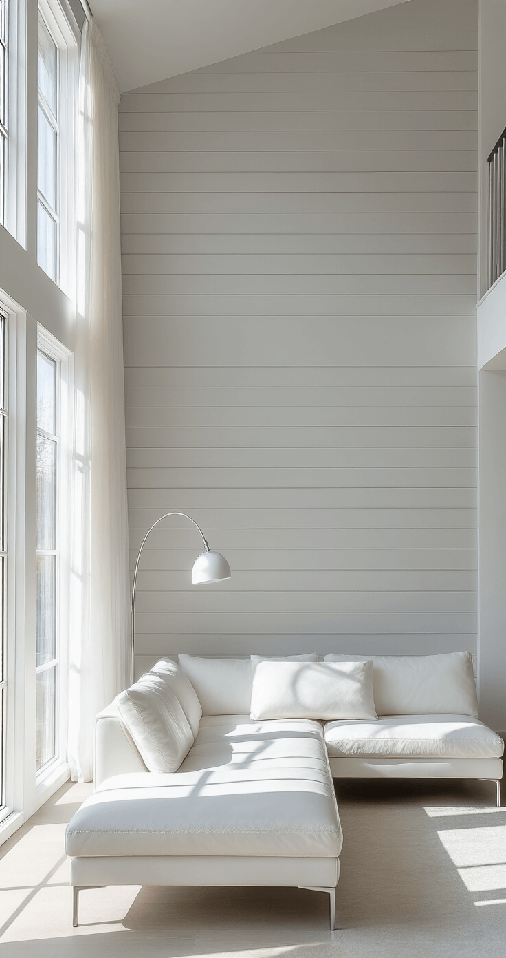 An airy, minimalist living area with floor-to-ceiling windows, featuring a low-profile white leather sofa against a light gray shiplap wall, accentuated by a sleek floor lamp. The room is filled with bright, natural light and has a crisp color palette of whites and light grays, creating a fresh and contemporary mood.