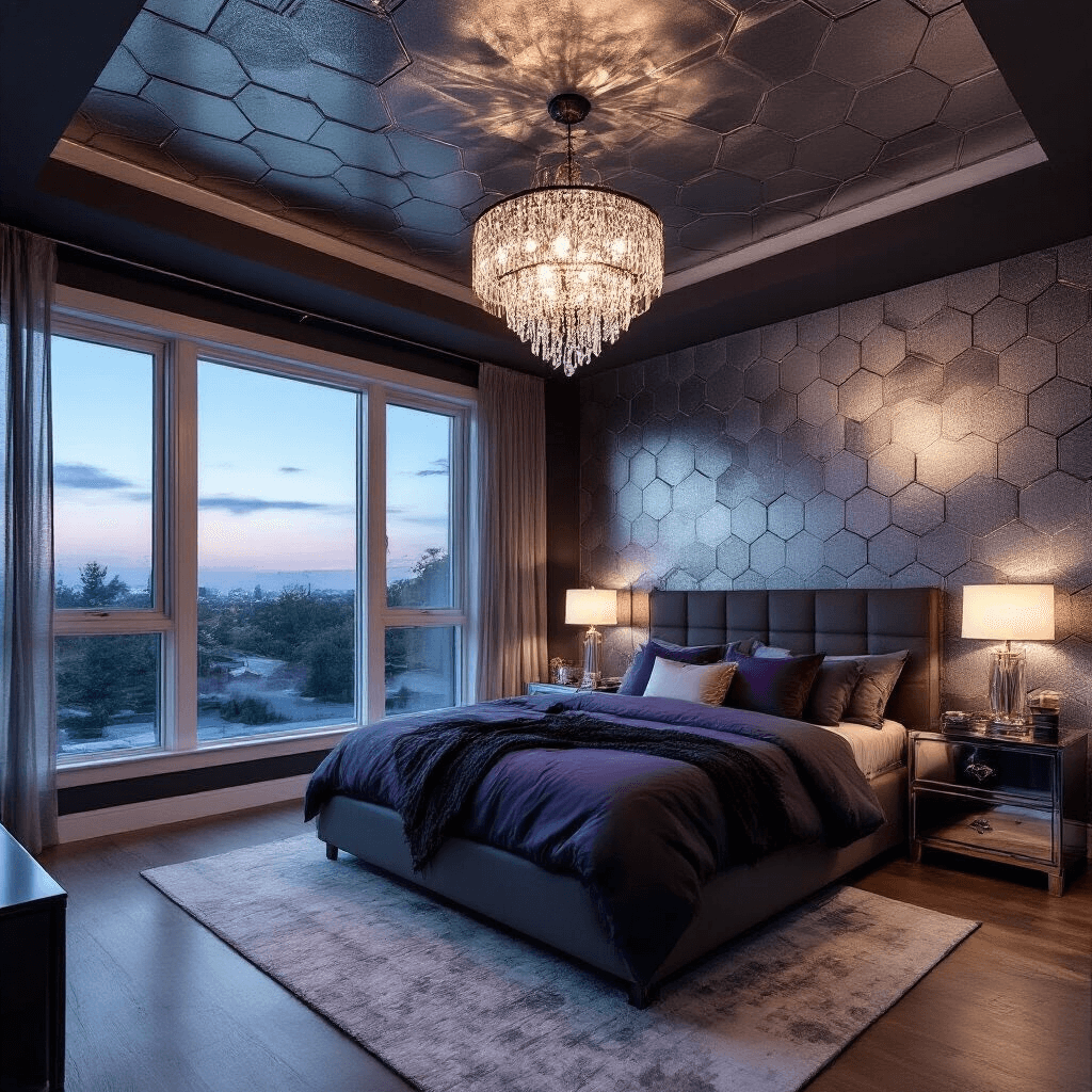 Contemporary primary bedroom with geometric wallpaper on the ceiling, a crystal chandelier above a platform bed, and mirrored nightstands reflecting twilight, shot from a low angle showcasing the dramatic ceiling and moody atmosphere.
