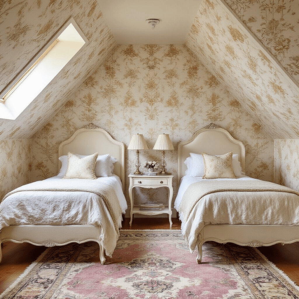 Cozy attic bedroom featuring sloped ceilings, cream and gold damask wallpaper, twin French provincial beds, a vintage Persian rug, and crystal table lamps, all bathed in soft afternoon light.