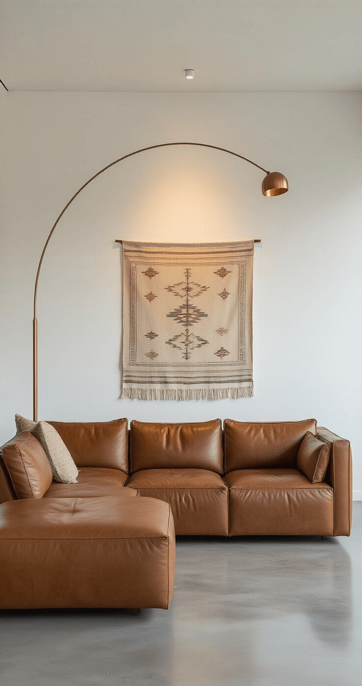 A minimalist living room featuring polished concrete floors and white walls, illuminated by cool evening light. A cognac brown leather sectional faces a feature wall adorned with a large neutral-toned tapestry with geometric patterns. A slim brass floor lamp arches nearby, enhancing the warm neutral palette with metallic accents. The low camera angle emphasizes the tapestry's scale, creating a sophisticated ambiance.