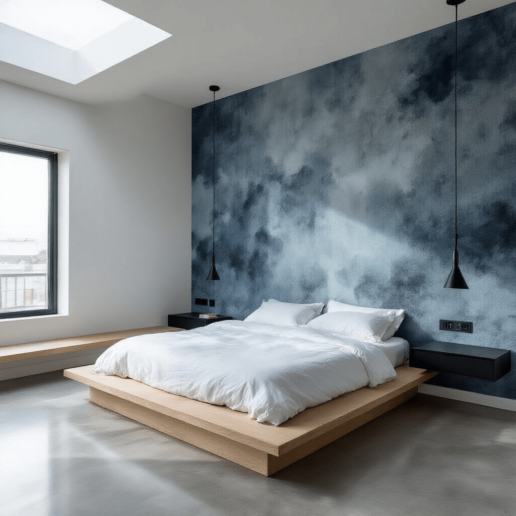 Modern minimalist bedroom featuring large-scale abstract wallpaper in smoky blue and dove gray, a bleached oak platform bed with white linens, polished concrete floors, and black powder-coated steel floating bedside tables, captured in natural light from a skylight.