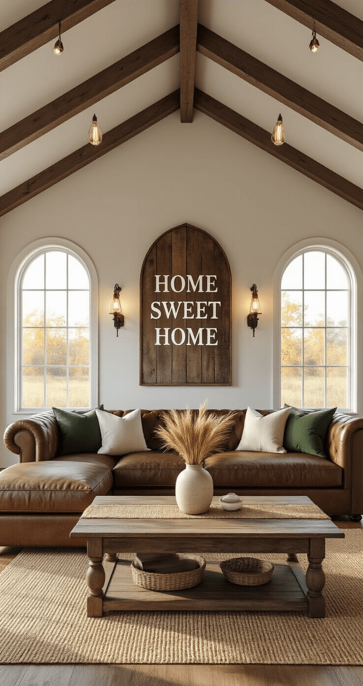 Spacious living room with vaulted ceilings, featuring a brown leather sectional, barnwood sign, and warm afternoon sunlight filtering through large windows.