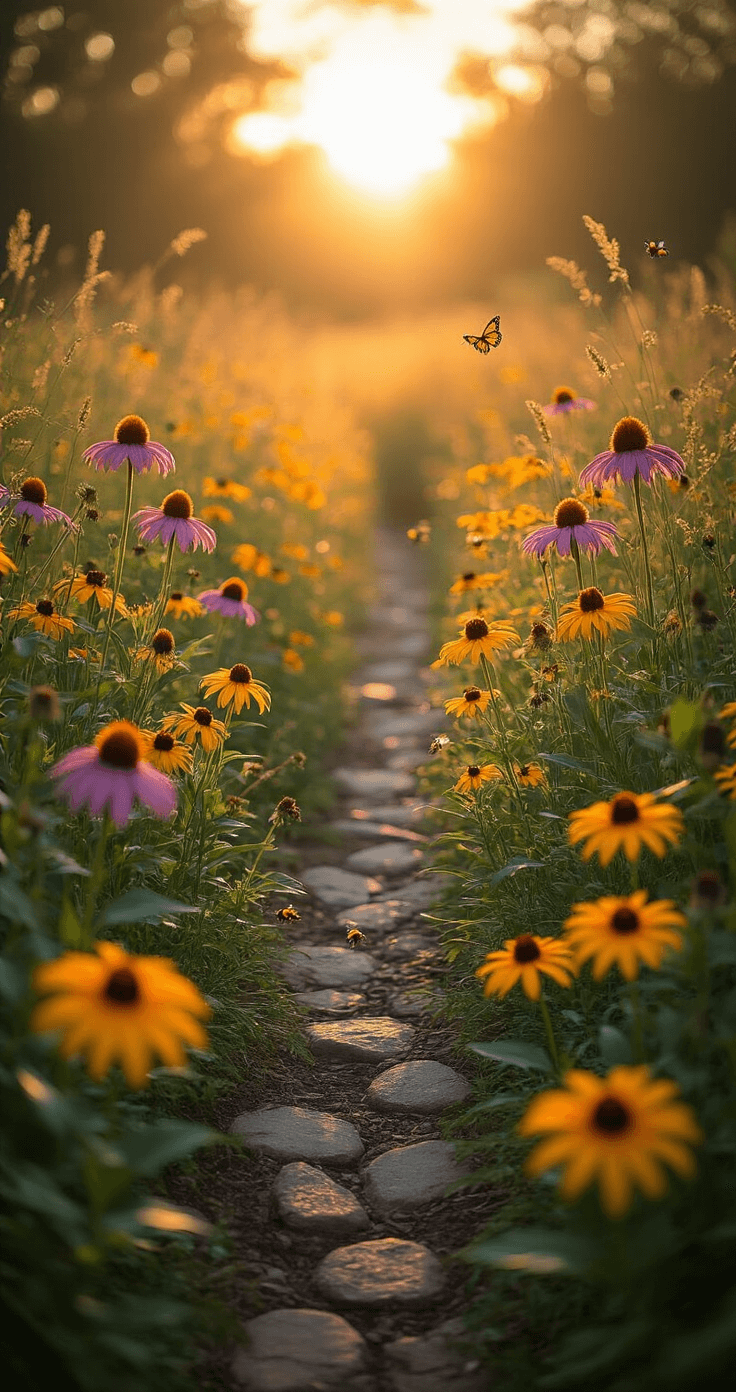 Creating a Stunning Wildflower Garden: Your Ultimate Guide to Natural Beauty and Pollinator Paradise A sunlit wildflower garden at golden hour, featuring Black-Eyed Susans, Purple Coneflowers, and native grasses, with natural stone borders and buzzing bees and butterflies, captured in a dreamy, warm-toned bokeh.