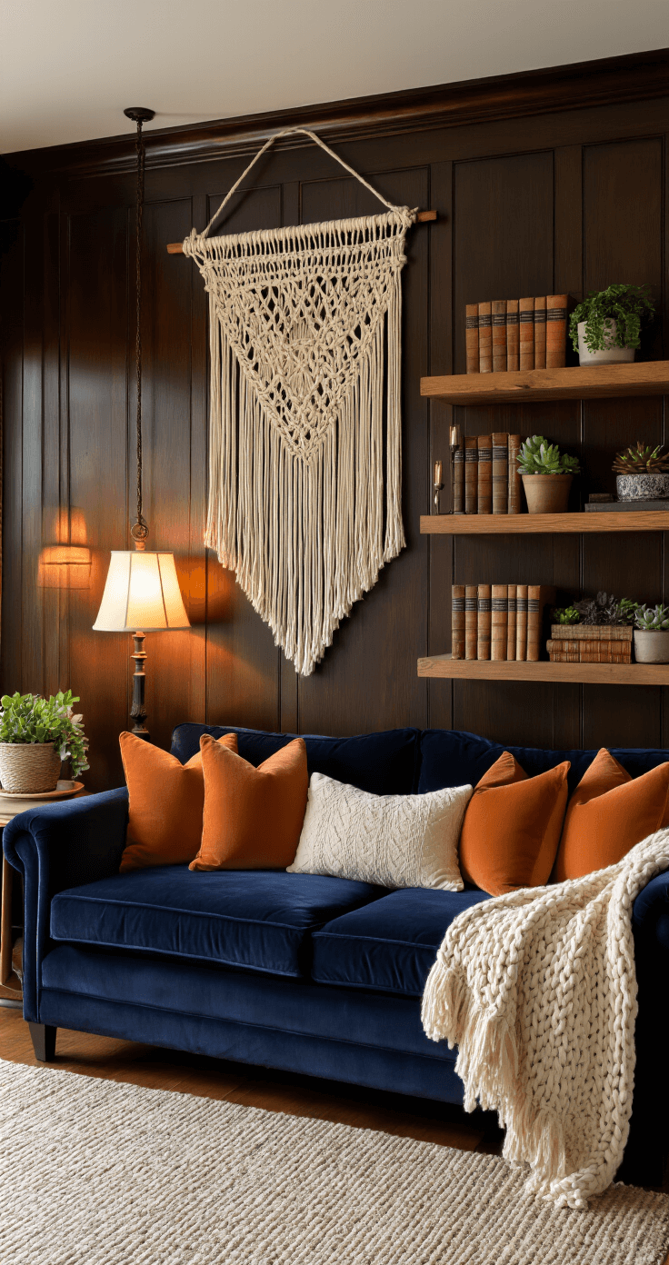 A cozy den featuring dark walnut paneled walls, a deep navy velvet loveseat with burnt orange and cream pillows, and a macramé wall piece. Soft lighting from table lamps and a chunky knit throw enhance the warm atmosphere, while floating shelves display vintage books and succulents.