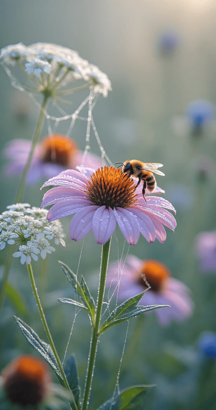 Creating a Stunning Wildflower Garden: Your Ultimate Guide to Natural Beauty and Pollinator Paradise Close-up of a native bee perched on a pale pink Wild Bergamot flower, surrounded by dew-covered wildflowers including Yarrow, Queen Anne's Lace, and Blazing Star, with glistening cobwebs and soft morning mist in the background.