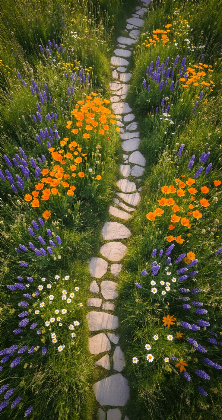 Creating a Stunning Wildflower Garden: Your Ultimate Guide to Natural Beauty and Pollinator Paradise Aerial view of a vibrant 50x50ft wildflower meadow garden at mid-morning, featuring color blocks of purple Lupine, orange California Poppies, yellow Coreopsis, and white Daisies, with a winding natural stone path and visible pollinators, cast in crisp shadows.