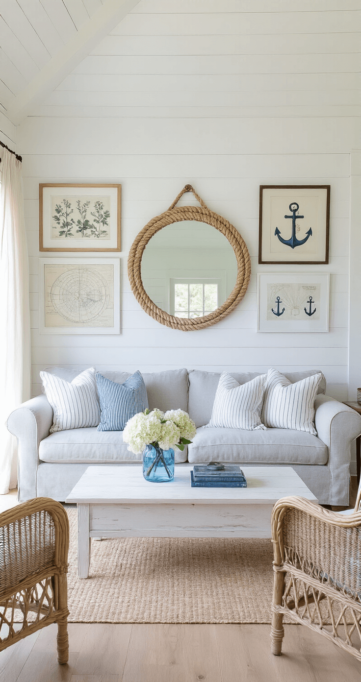 A bright and airy living room featuring white shiplap walls and pale oak flooring, illuminated by morning sunlight. The room centers on a light gray linen sofa with blue and white striped pillows, framed by a gallery wall of botanical prints and nautical maps. A large rope-framed mirror reflects the space, while woven rattan chairs and a distressed white coffee table, topped with a blue vase of hydrangeas, enhance the coastal-inspired decor.