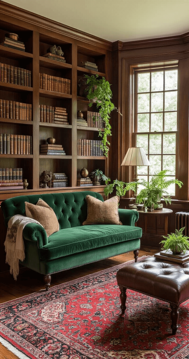 A cozy reading nook featuring floor-to-ceiling mahogany bookshelves, a plush emerald velvet settee, and floating reclaimed wood shelves displaying leather-bound books and brass objects, all bathed in warm afternoon light.