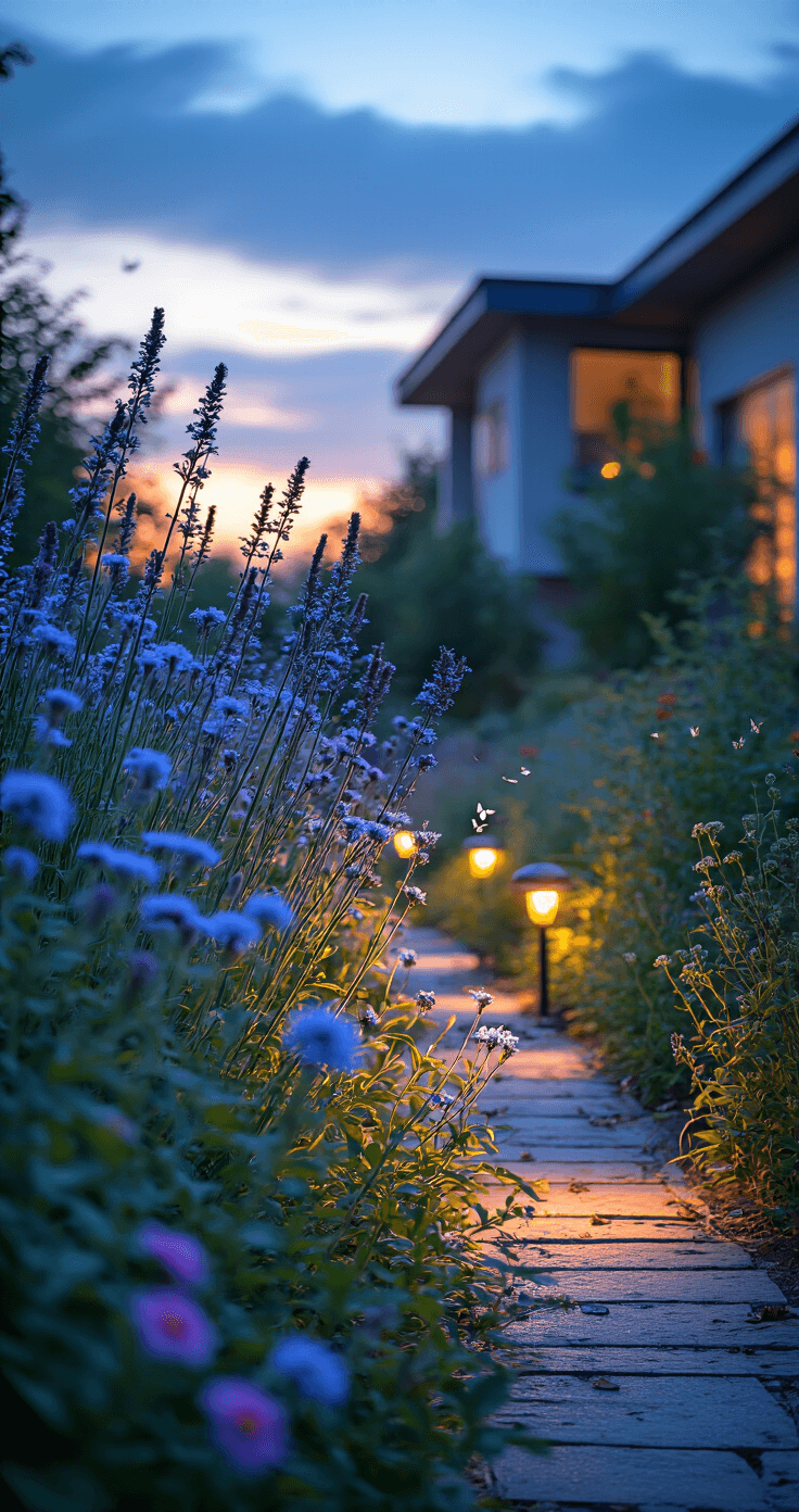 Creating a Stunning Wildflower Garden: Your Ultimate Guide to Natural Beauty and Pollinator Paradise Twilight garden scene at blue hour featuring a modern home backdrop, with glowing solar lights among blooming flowers, tall Verbena bonariensis casting silhouettes, and evening moths emerging, all captured in a moody atmosphere with selective lighting and deep shadows.