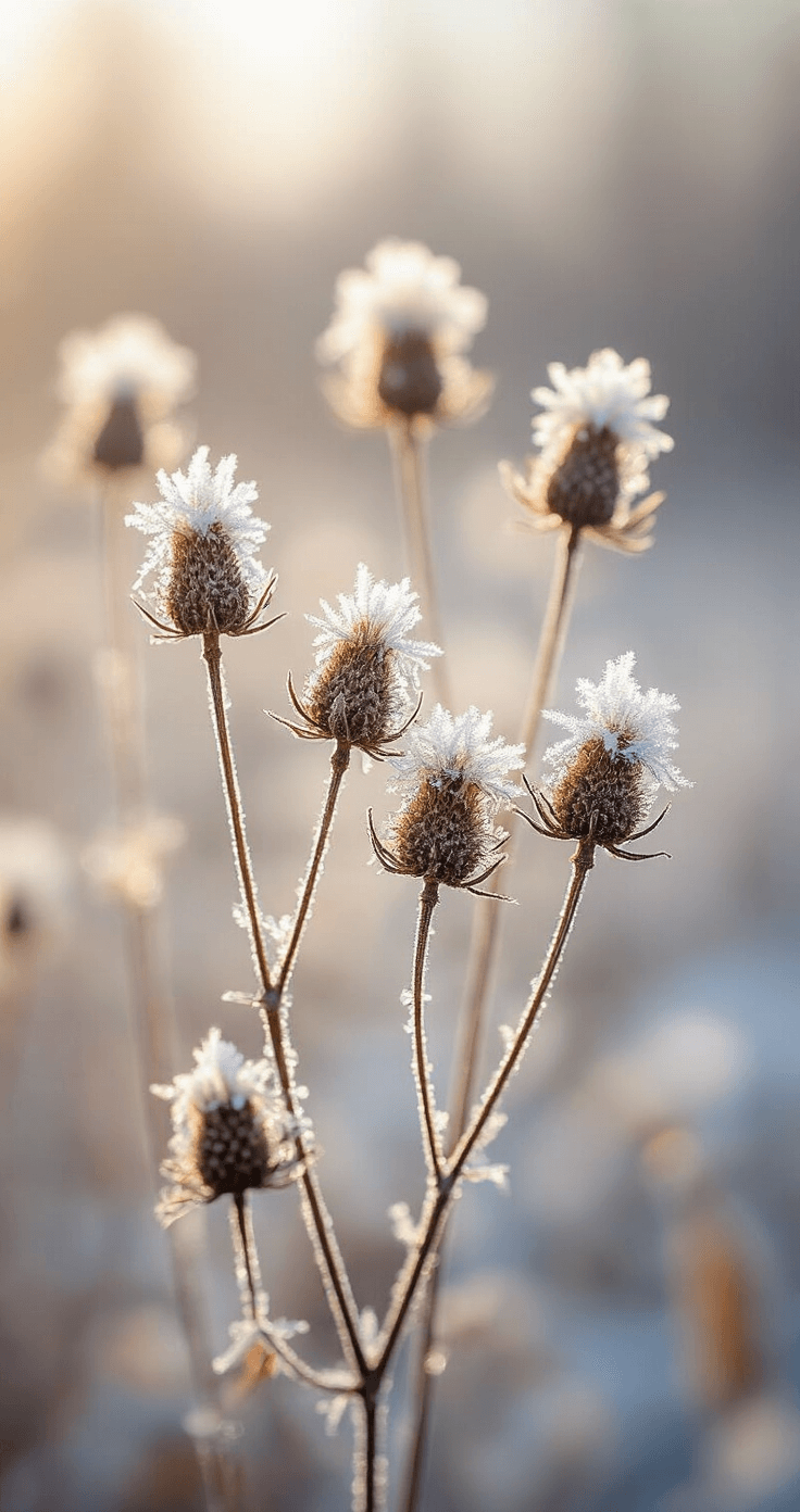 Creating a Stunning Wildflower Garden: Your Ultimate Guide to Natural Beauty and Pollinator Paradise Extreme close-up of dried seed heads and frosted flower structures in a winter garden, showcasing delicate ice crystals and crystalline frost patterns in early morning light. The neutral palette of browns, silvers, and whites contrasts with an abstract bokeh background, highlighting organic shapes with natural rim lighting in a minimalist composition.