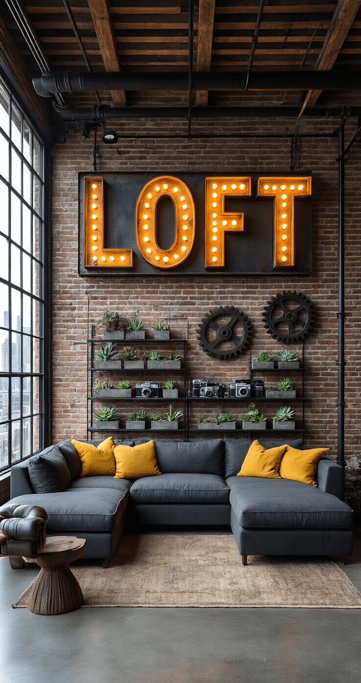 A wide-angle view of an industrial-chic loft living area featuring exposed brick walls, polished concrete floors, and a charcoal gray sectional sofa with mustard yellow and cream pillows. A massive illuminated 'LOFT' sign is mounted above, flanked by large gears used as wall art. A black iron pipe shelving unit displays succulents and vintage cameras, while a distressed leather armchair and raw edge wood side table complete the cozy space. The late evening cityscape is visible through large factory-style windows, with dramatic lighting enhancing the industrial aesthetic.
