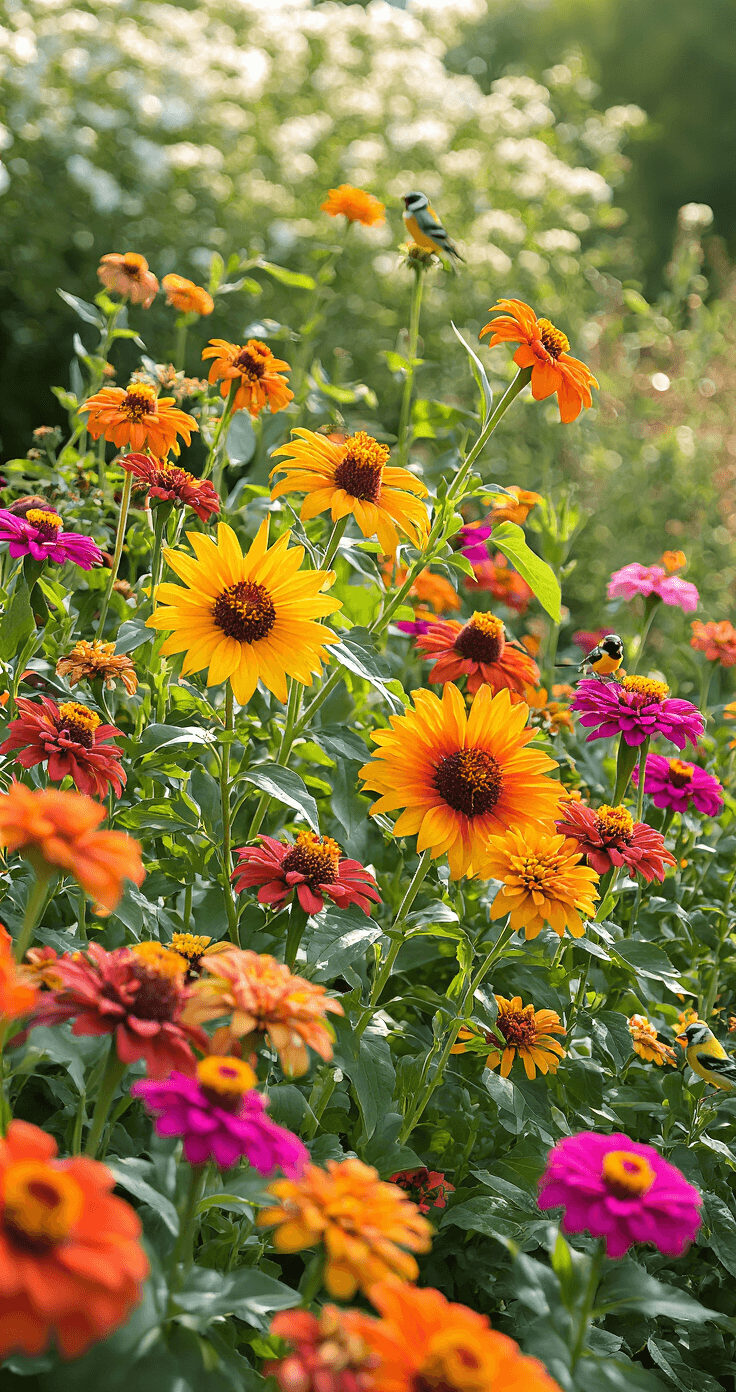 Creating a Stunning Wildflower Garden: Your Ultimate Guide to Natural Beauty and Pollinator Paradise A vibrant late summer garden scene featuring dense plantings of Mexican Sunflowers and Zinnias at eye level, with goldfinches feeding on seedheads. The strong directional light enhances the rich colors of oranges, magentas, and yellows, while a selective focus captures the layered heights of flowers and a sense of natural movement with slight motion blur.