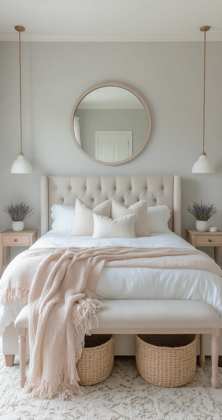 A serene bedroom featuring pale gray walls and white trim, illuminated by morning light through gauzy curtains. A king-size bed with a tufted beige headboard takes center stage, flanked by wall-mounted woven baskets with pampas grass. Light oak floating nightstands hold ceramic lamps and lavender plants, while a chunky pink knit throw lies at the bed's foot, all captured in a low angle shot from the foot of the bed.