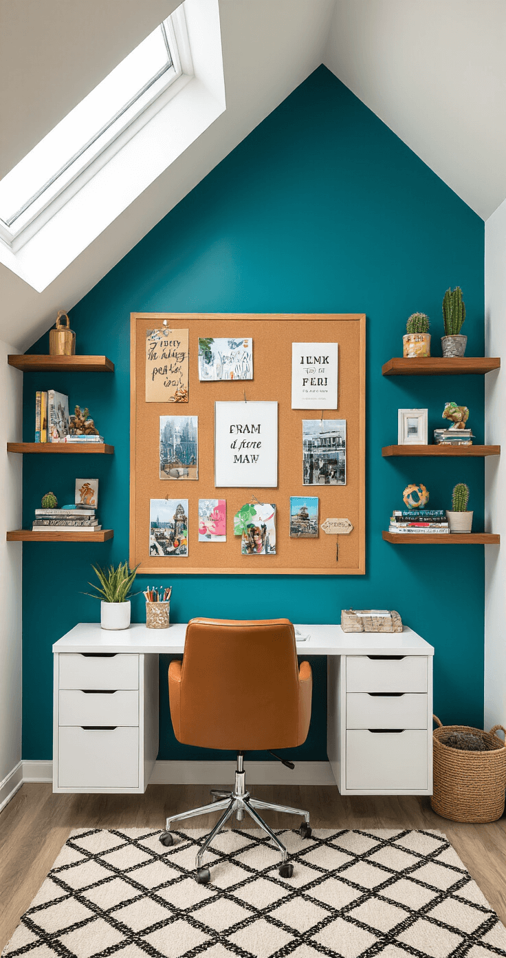 A vibrant home office with a deep teal accent wall and white surroundings, featuring a corkboard filled with quotes and photos, floating walnut shelves with cacti and figurines, and a sleek white desk with a cognac leather chair, illuminated by midday sunlight.