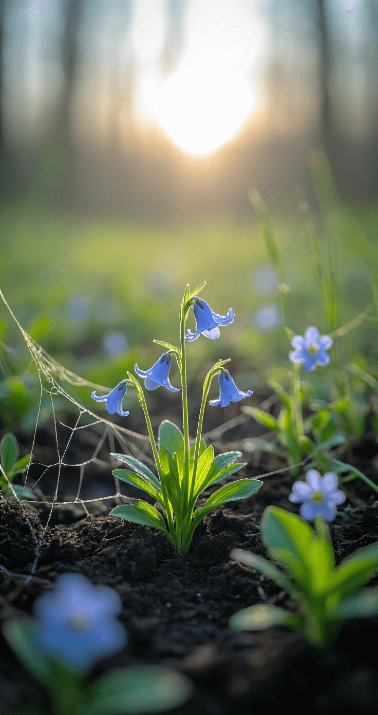 Creating a Stunning Wildflower Garden: Your Ultimate Guide to Natural Beauty and Pollinator Paradise Close-up of emerging wildflower seedlings in a spring garden, featuring Virginia Bluebells and Woodland Phlox, with dew-covered spider webs and rich, dark soil, illuminated by soft morning light.