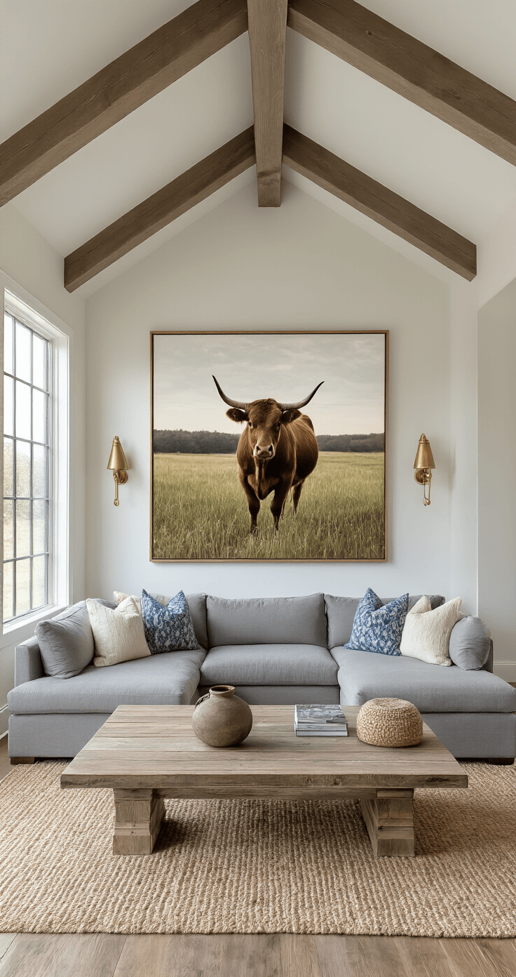 A spacious living room with vaulted ceilings, featuring a gray sectional, large windows, an oversized cow print, and brass sconces, all bathed in warm afternoon light.