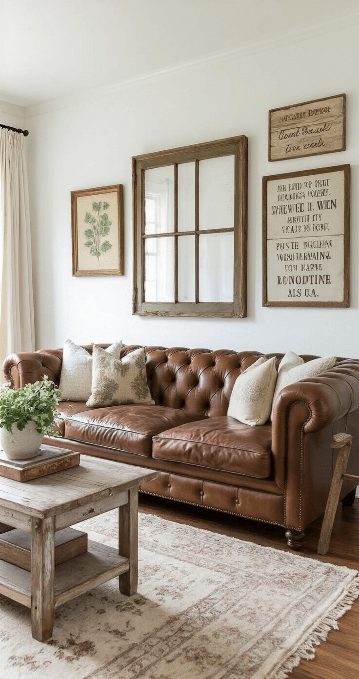 A cozy living area featuring a vintage leather Chesterfield sofa against crisp white walls adorned with a curated gallery wall of botanical prints and wooden signs, illuminated by natural light through sheer curtains. A distressed wooden ladder with a chunky knit throw adds texture to the space.